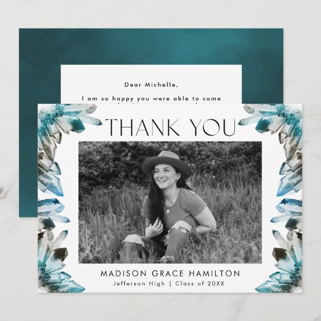 Carte De Remerciements Aquarelle turquoise et Bleue cristaux Photo Gradua (Devant / Derrière)