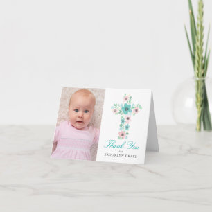 Carte De Remerciements Aquarelle Turquoise et rose Fleur Croix Baptême ph