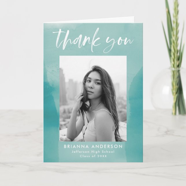 Carte De Remerciements Aquarelle turquoise Laver la photo Graduation (Devant)