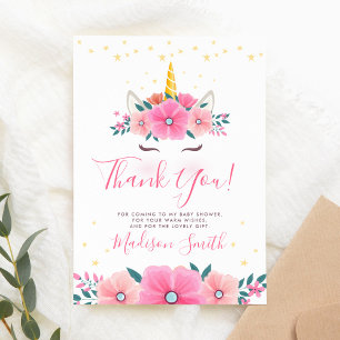 Carte De Remerciements Aquarelle Unicorn Face Floral Stars Baby shower