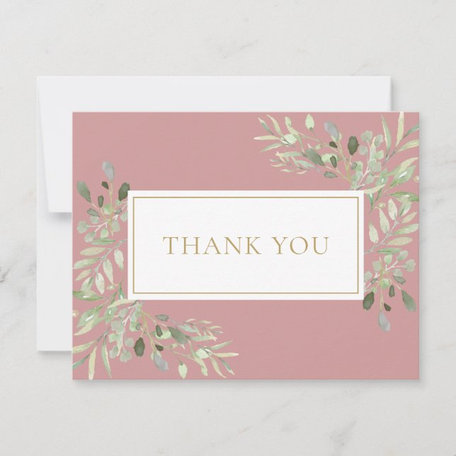 Carte De Remerciements Aquarelle Végétal Rose Poussiéreuse Or Entreprise (Devant)