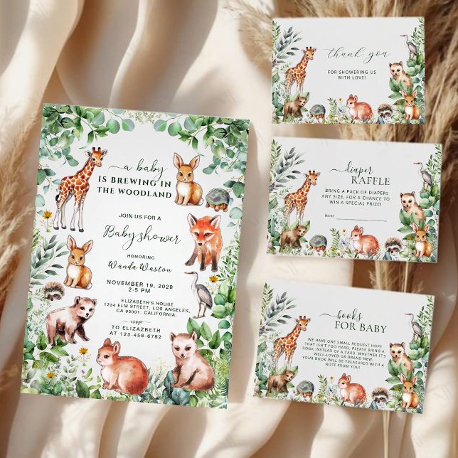 Carte De Remerciements Aquarelle Verdure Bois Baby shower Animaux (Créateur téléchargé)