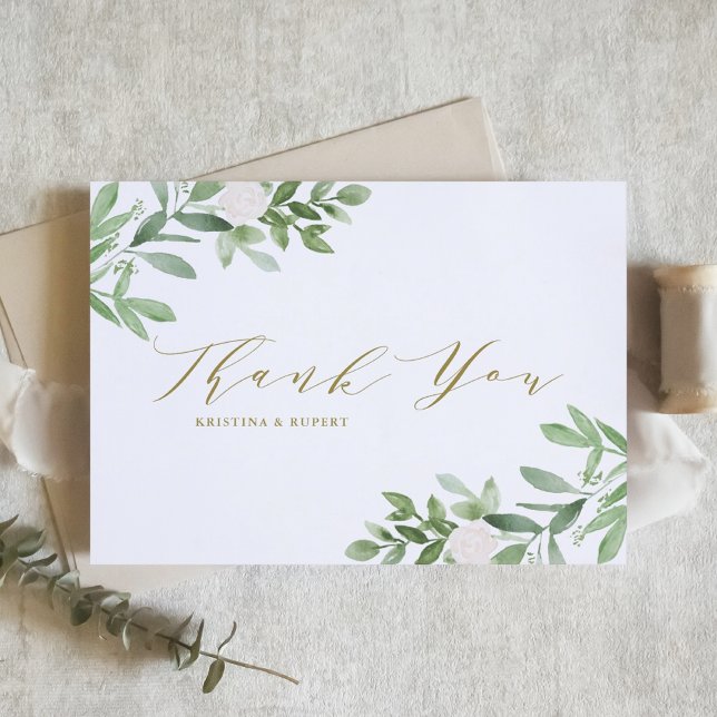 Carte De Remerciements Aquarelle Verdure et Fleurs blanches Mariage or (Créateur téléchargé)