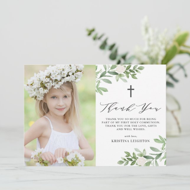 Carte De Remerciements Aquarelle Verdure et fleurs Première communion (Debout devant)