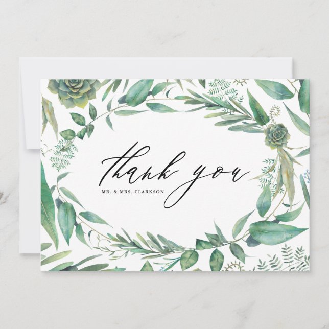 Carte De Remerciements Aquarelle Verdure et Succulents Mariage de cadre (Devant)