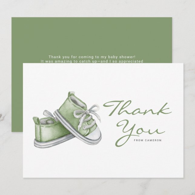 Carte De Remerciements Aquarelle Vert Baby shower bébé (Devant / Derrière)