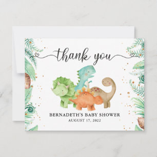 Carte De Remerciements Aquarelle Vert Floral Or Confetti Dinosaures