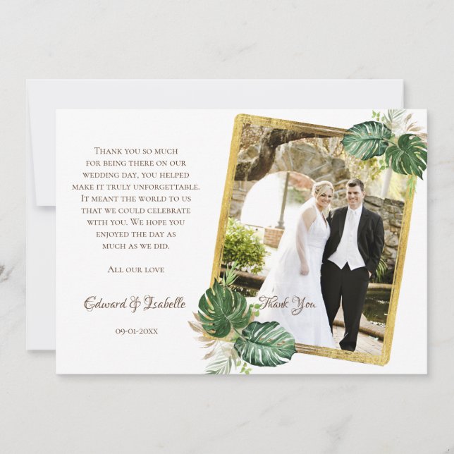 Carte De Remerciements Aquarelle Vert & Or Monstera Feuille Mariage (Devant)