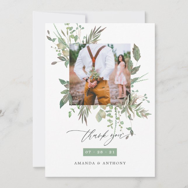Carte De Remerciements Aquarelle vert photo Mariage (Devant)