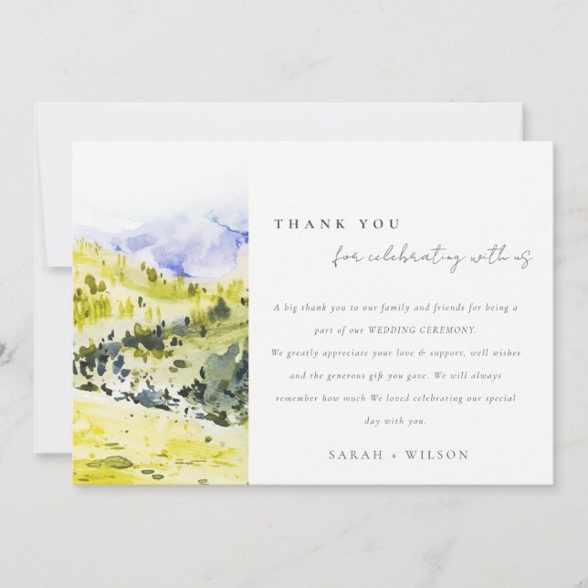 Carte De Remerciements Aquarelle verte Jaune Campagne Hills Mariage (Devant)
