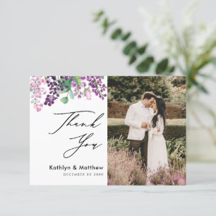 Carte De Remerciements Aquarelle violet Floral Script Mariage photo
