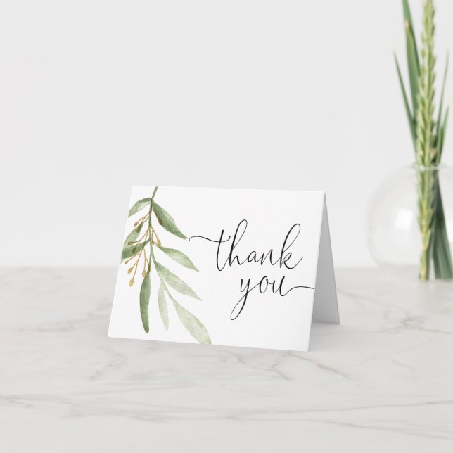 Carte De Remerciements Aquarelles vertes or vert feuilles simples (Devant)