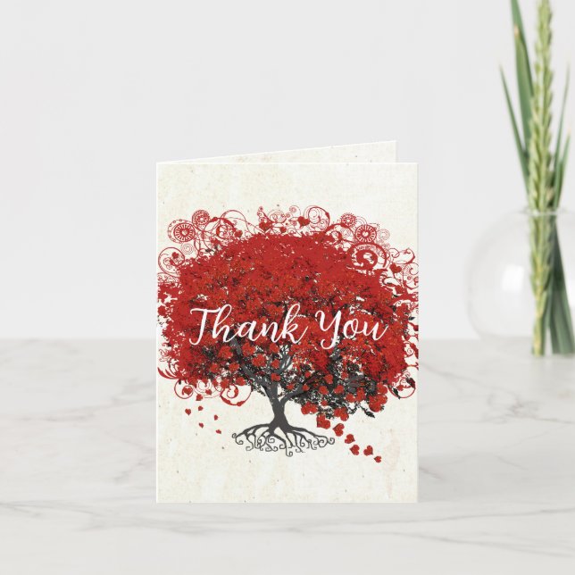 Carte De Remerciements Arbre à feuilles de coeur rouge (Devant)