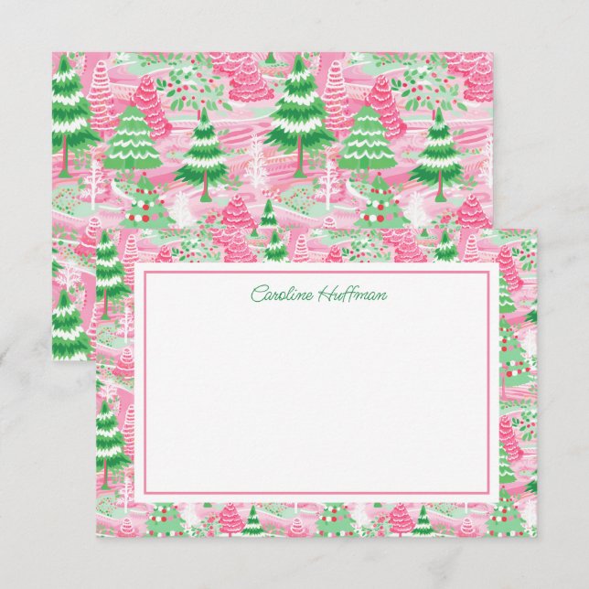 Carte De Remerciements Arbres de Noël rose et vert Preppy Personnalisés (Devant / Derrière)