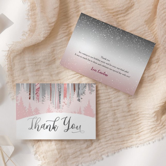 Carte De Remerciements Arbres d'hiver en bois d'argent rose 1er anniversa (Créateur téléchargé)