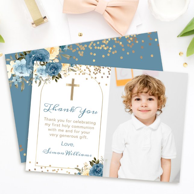 Carte De Remerciements Arc Bleu Floral Première Sainte Communion Photo (Créateur téléchargé)