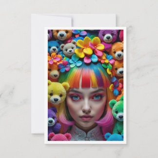 Carte De Remerciements Arc en ciel coloré Anime Girl Avec fleurs et ours