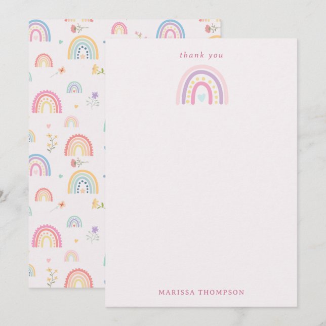 Carte De Remerciements Arc-en-ciel Pastel Fleurs Sauvages & Cœurs (Devant / Derrière)