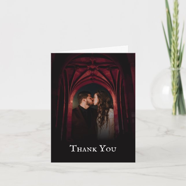 Carte De Remerciements Arc gothique Mariage élégant Noir Noir Noir Rouge (Devant)