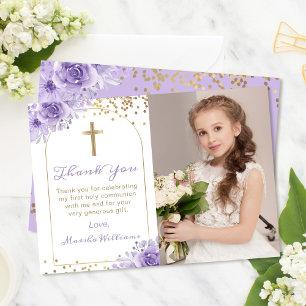 Carte De Remerciements Arc Or Purple Floral First Holy Communion Photo