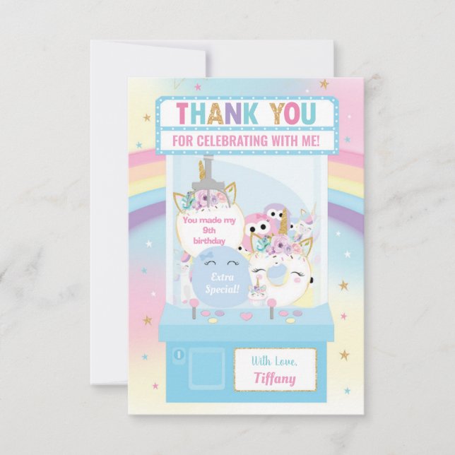 Carte De Remerciements Arcade Girl Anniversaire Cute Blue Claw Machine (Devant)
