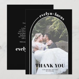 Carte De Remerciements Arche blanche et typographie noir photo mariage