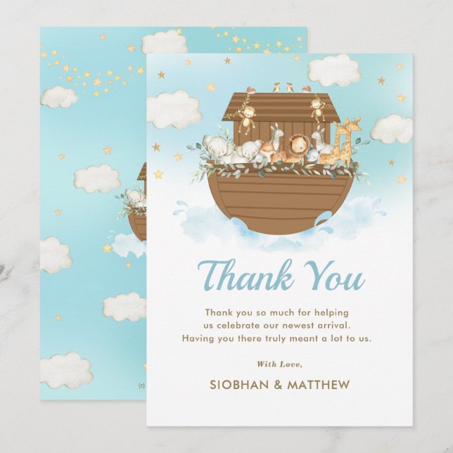 Carte De Remerciements Arche de Noé's Bleu Baby shower Garçon Sprinkle (Devant / Derrière)