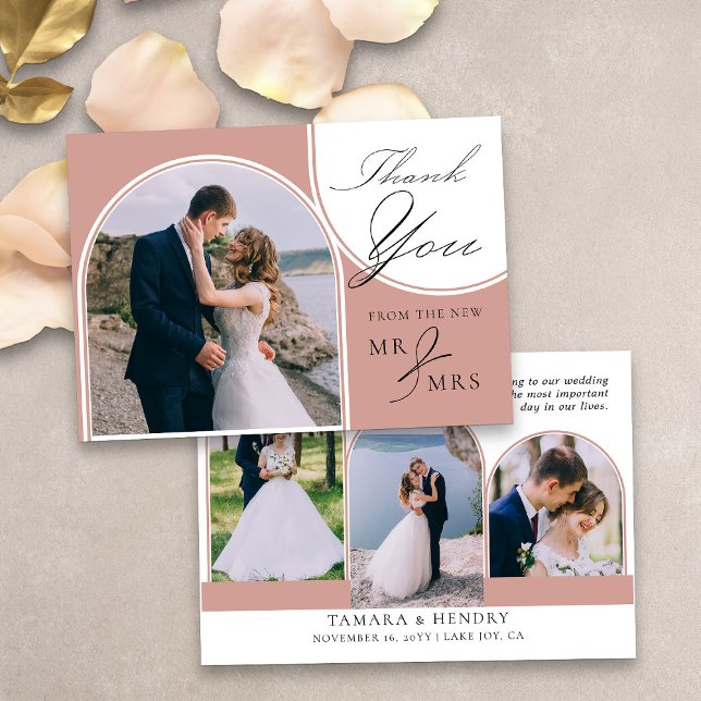 Carte De Remerciements Arched Multi Photo Élégante Calligraphie Rose Or (Arched multi photo thank you card in rose gold from my Wedding Colors collection)