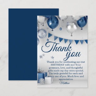 Carte De Remerciements Argent bleu 21e anniversaire