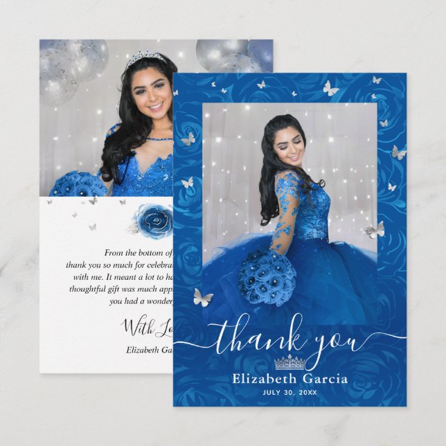 Carte De Remerciements Argent et Bleu Royal Quinceañera 2 Photo Anniversa (Devant / Derrière)