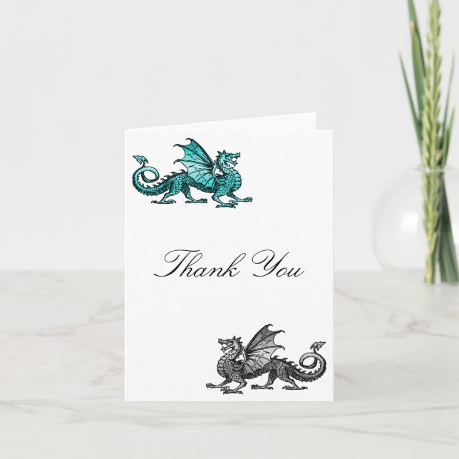 Carte de remerciements argenté turquoise de dragon (Devant)