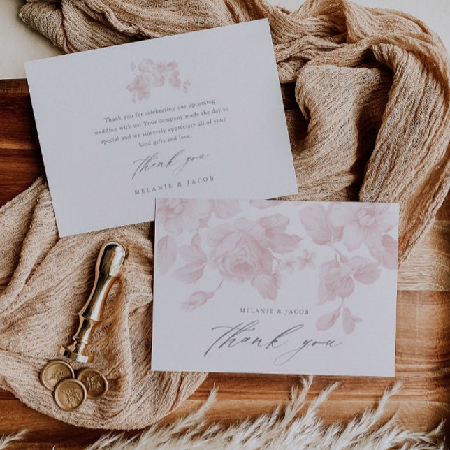 Carte De Remerciements Arrosement de mariage élégant floral script rose (Elegant floral pink roses bridal shower thank you card.)