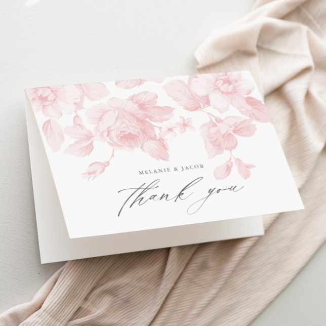Carte De Remerciements Arroseur de Mariage Rose Écriture Florale Élégante (Elegant floral pink roses bridal shower thank you card.)