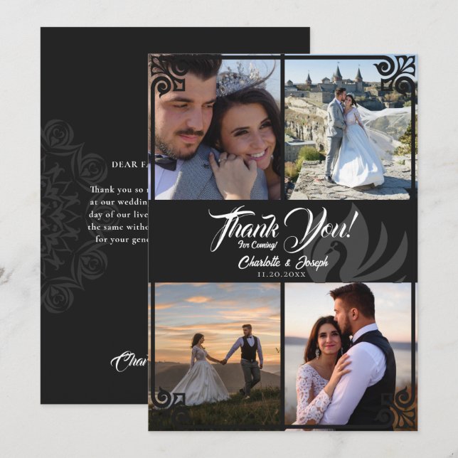 Carte De Remerciements Art déco moderne cygne noir 4 Mariage photo (Devant / Derrière)