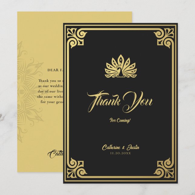 Carte De Remerciements Art Déco moderne Peacock Gold & Black Mariage (Devant / Derrière)