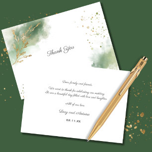 Carte De Remerciements Artistic Chic Moss Green Aquarelle or Mariage
