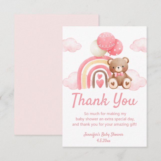 Carte De Remerciements attends, fille baby shower ours teint rose (Devant / Derrière)