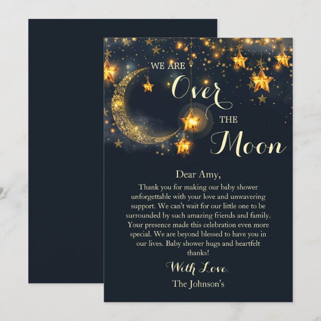 Carte De Remerciements Au-Dessus De La Lune Baby shower Neutre Whimsical (Devant / Derrière)