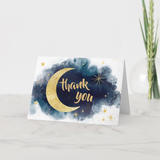 Carte De Remerciements Au-dessus de la Lune Gold Stars Blue (Devant)