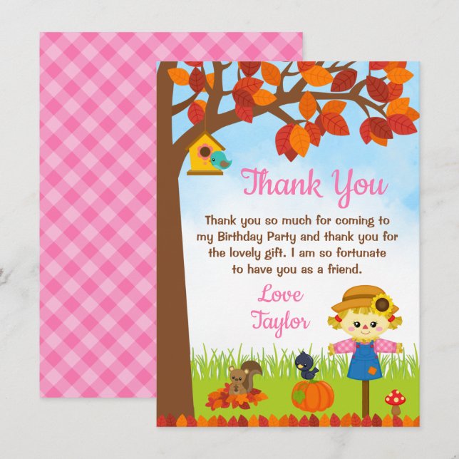 Carte De Remerciements Automne Automne Fille Ecarecrow Anniversaire (Devant / Derrière)