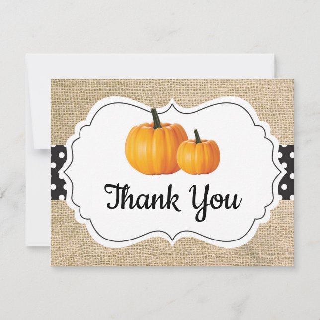 Carte De Remerciements Automne Citrouille Orange Noir et Blanc Burlap (Devant)