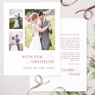 Carte De Remerciements Avec Amour & Gratitude Photo Mariage rose Bourgogn