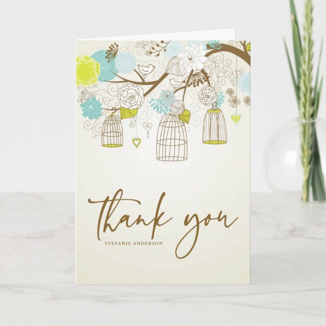 CARTE DE REMERCIEMENTS AVEC CAGES À OISEAUX BLEUES (Devant)
