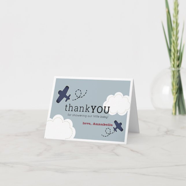 Carte De Remerciements Avion Nuages Blue Sky Boy Baby shower (Devant)