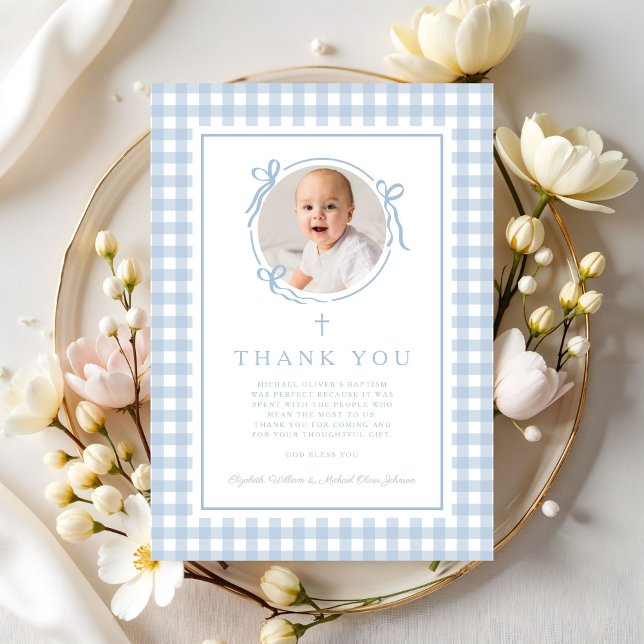 Carte De Remerciements Baby Blue Gingham Photo Boy Baptism (Baby Blue Gingham Photo Boy Baptism Thank You Card)