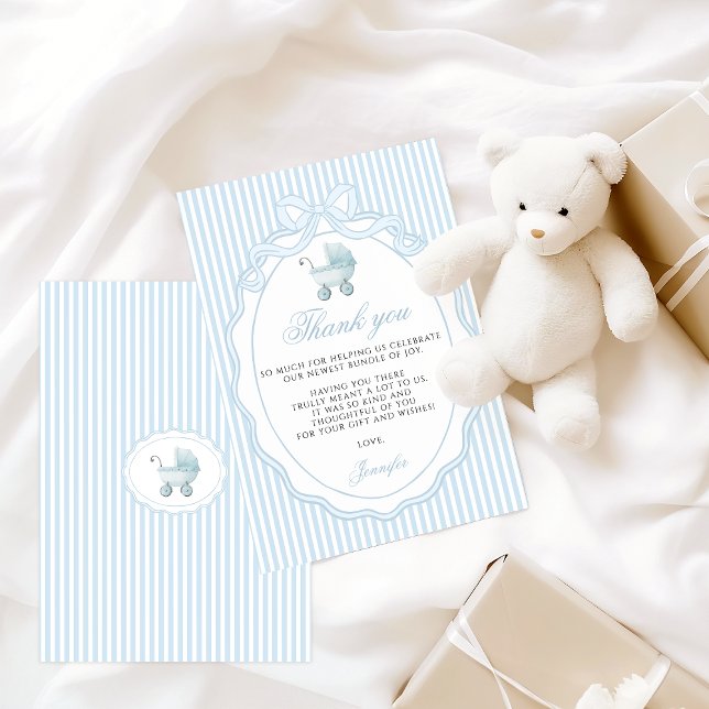 Carte De Remerciements Baby Blue Stroller Bow Boy Shower (Créateur téléchargé)