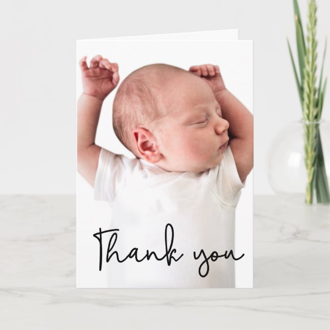 Carte De Remerciements Baby Boy douche bébé est ici photo personnalisée (Devant)