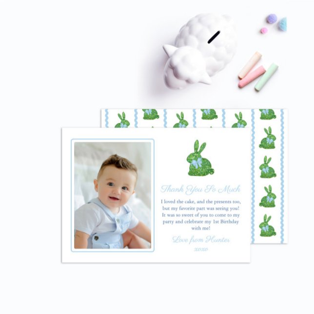 Carte De Remerciements Baby-Bunny Vert Bleu Bébé Photo de garçon Annivers (Créateur téléchargé)