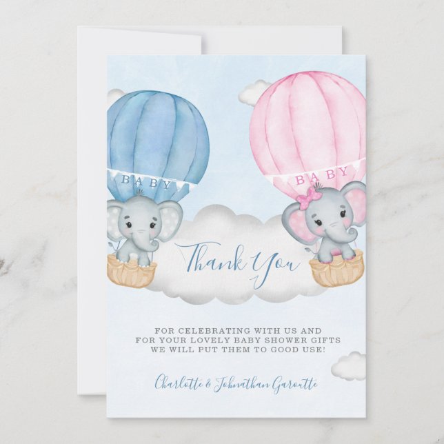 Carte De Remerciements Baby shower à ballon éléphant révélateur de genre (Devant)