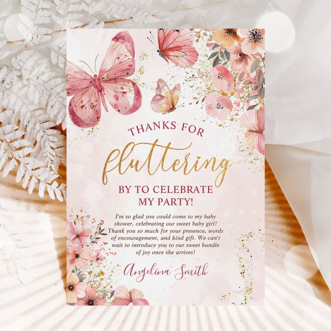 Carte De Remerciements Baby shower à papillon rose boho (Créateur téléchargé)